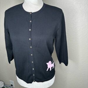 Easel cardigan black cotton knit with pink poodle, M